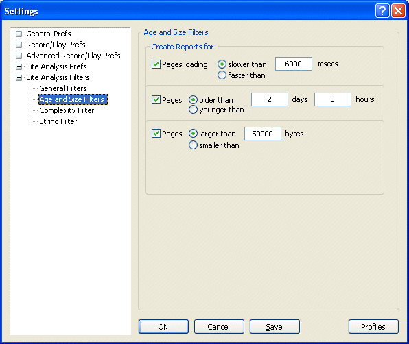 Age and Size Filters Settings