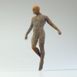Wireframe human figure representing synthetic genome structure in a minimalist 3D render. 