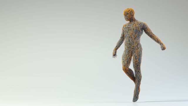 Wireframe human figure representing synthetic genome structure in a minimalist 3D render.
