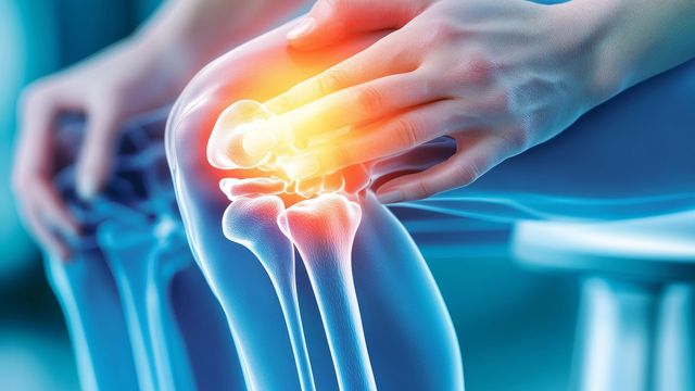 Digital illustration of a person holding a painful knee joint with inflammation, representing osteoarthritis.