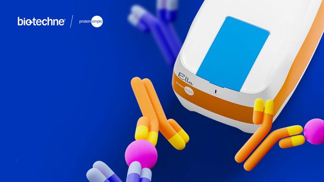 The bio-techne Ella on a blue background with different cells surrounding it.