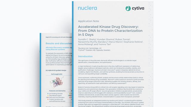 Front cover of a Cytiva and Nuclera application note on accelerated kinase drug discovery workflow.