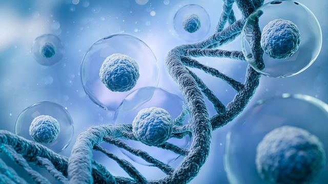 3D illustration of a DNA double helix intertwined with floating cells in a blue microscopic environment, representing genetic research and biotechnology