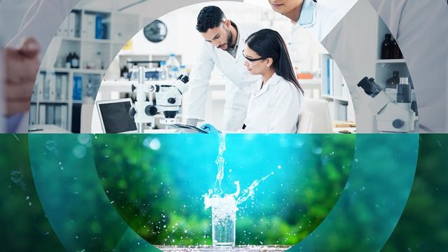 Scientists in a laboratory collaborating on research, overlaid with cascading water droplets, symbolizing water testing and environmental analysis