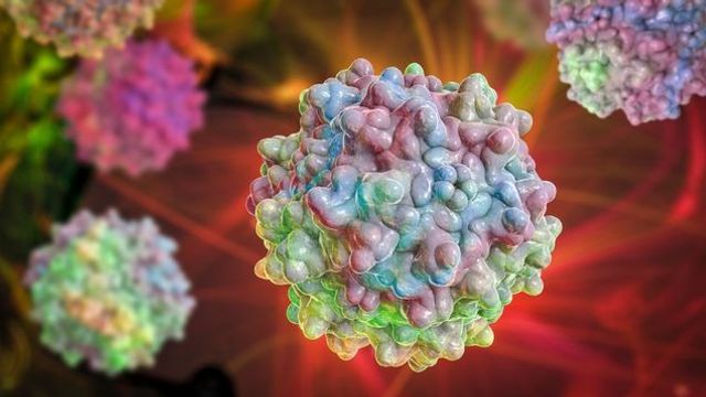 3D rendering of adeno-associated virus (AAV) particles in vibrant colors on a dynamic background.