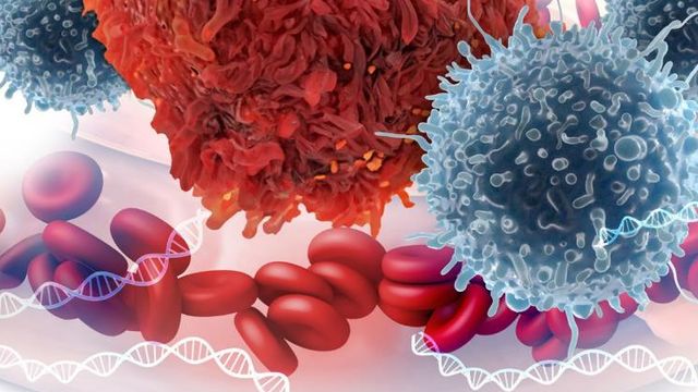 Microscopic illustration of immune cells interacting with red blood cells, surrounded by strands of DNA in the bloodstream. 