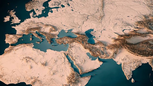 Topographic map of Europe, Middle East, and South Asia highlighting global scope of Alzheimer's diversity.