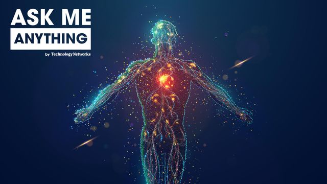 Abstract representation of a human body composed of glowing particles and lines, symbolizing advanced biomedical technology and human physiology.