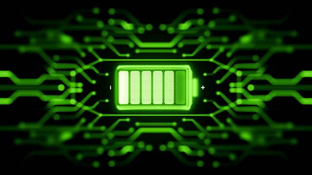 A graphic of a green battery symbol, surrounded by green circuits.