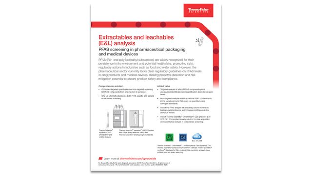 The front cover of Thermo Fisher Scientific's app note on PFAS screening pharmaceutical packaging.