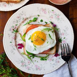 Overhead shot of a fried egg on tomato and toast with herbs and seasoning laying on a floral plate with a fork at the edge. 