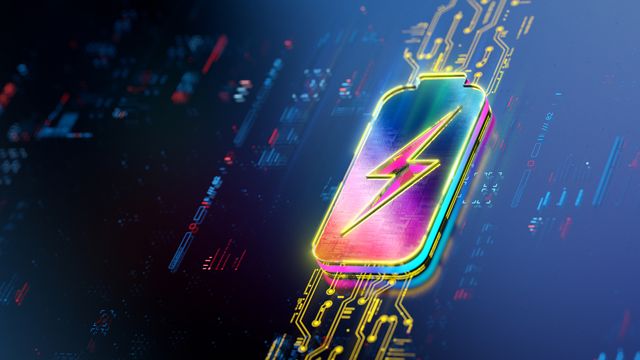Futuristic representation of a battery with a lightening bolt design.