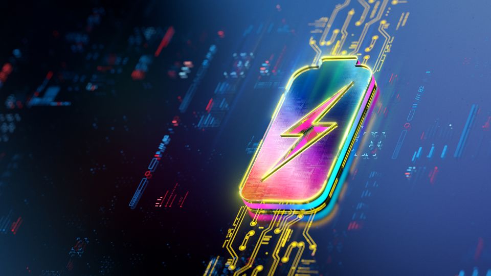 Futuristic representation of a battery with a lightening bolt design. 