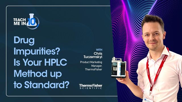 A man wearing a badge holds lab equipment. Drug Impurities? Is you HPLC method up to standard?