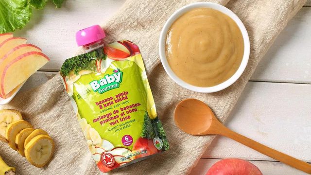 Organic baby food pouch and puree bowl, illustrating sample preparation for ICP-MS analysis of nutritional content.