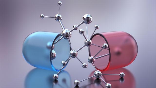 3D illustration of molecular structure emerging from capsules, symbolizing antidepressant drugs.
