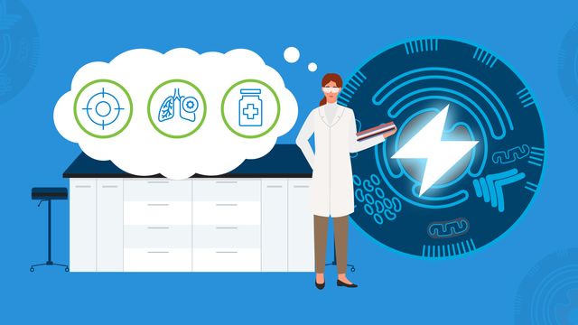 A scientist stands in a lab with a thought bubble showing icons of a target, lungs, and medication, next to a digital display of a lightning bolt.