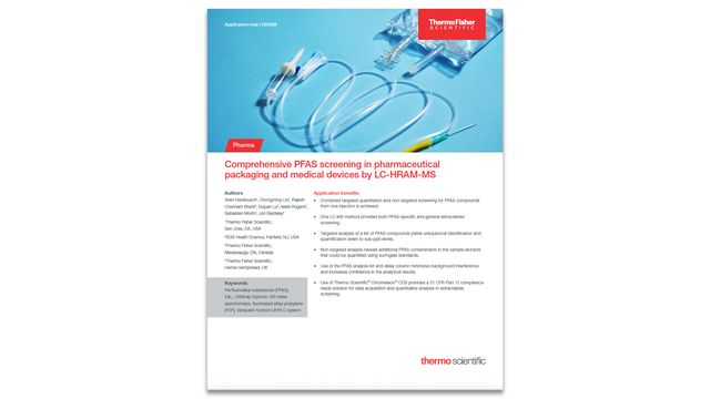 The front of Thermo Fisher Scientific's app note for PFAS screening pharmaceutical packaging