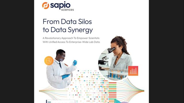Whitepaper cover by Sapio Sciences titled 'From Data Silos to Data Synergy' with images of scientists and data flow graphics