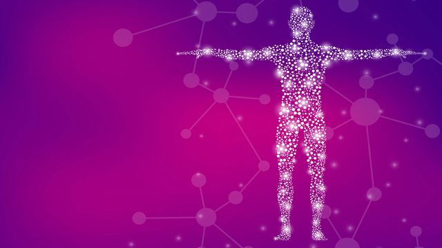 Shape of a human created from white molecules on a pink/purple gradient background.