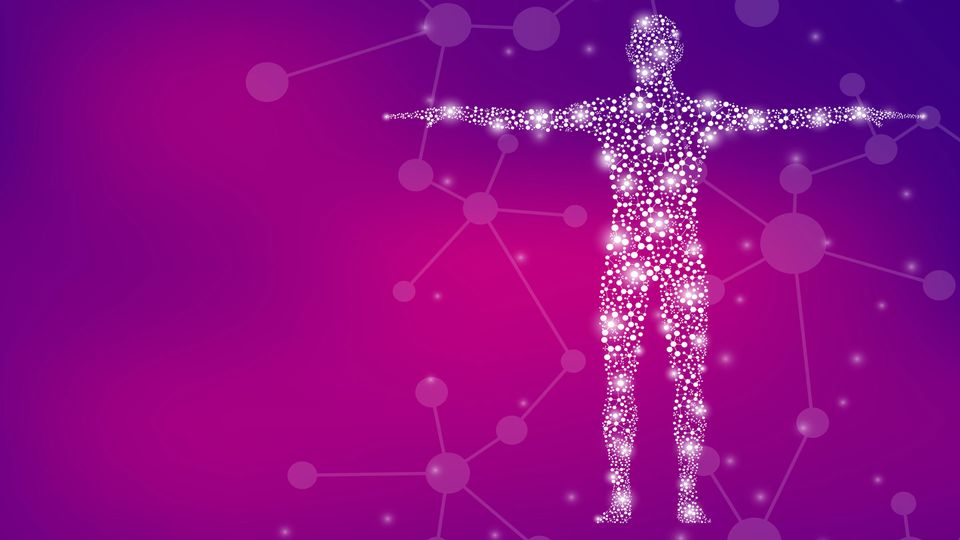 Shape of a human created from white molecules on a pink/purple gradient background.