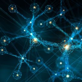 Glowing stick and ball molecules representing AI-driven generative chemistry. 