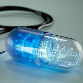 Futuristic capsule with digital data beside a stethoscope, symbolizing AI in precision medicine. 