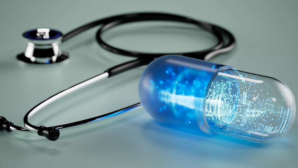 Futuristic capsule with digital data beside a stethoscope, symbolizing AI in precision medicine.
