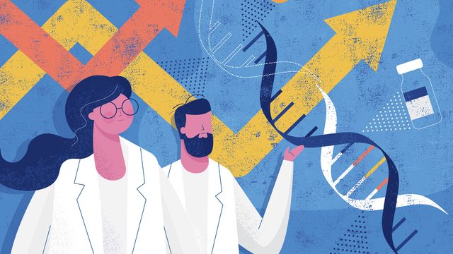 Cartoon female and male scientist surrounded by a DNA helix, vaccine vial and drug capsule.