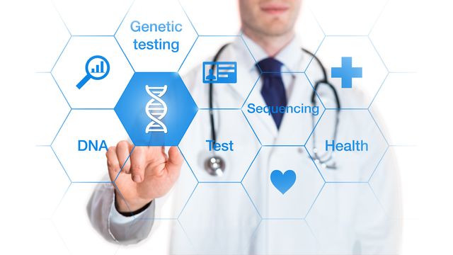 Doctor interacting with virtual interface displaying icons and terms related to genetic testing, DNA, and health