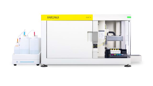 Sartorius high-throughput screening cytometry instrument with fluidic system for cell analysis.