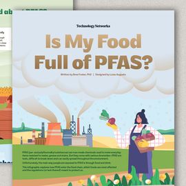 Illustrated infographic cover showing concerns about PFAS in food, with grocery and farm scenes. 