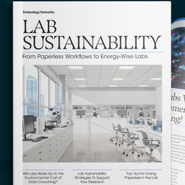Lab sustainability magazine cover emphasizing environmental responsibility in research. 