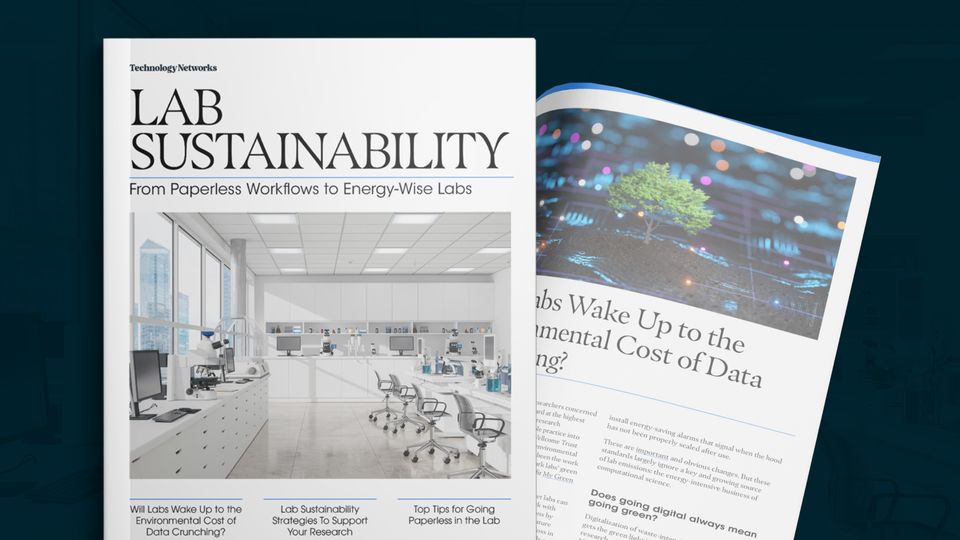 Lab sustainability magazine cover emphasizing environmental responsibility in research.