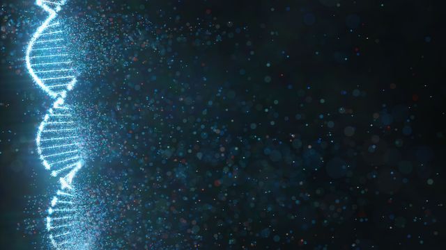 Glowing DNA helix dispersing into dots on a black background.