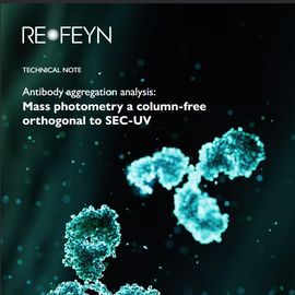 Cover of a Refeyn technical note on antibody aggregation analysis using mass photometry as a column-free method orthogonal to SEC-UV, featuring blue antibody structures on a dark background 