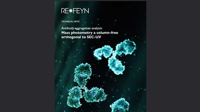 Cover of a Refeyn technical note on antibody aggregation analysis using mass photometry as a column-free method orthogonal to SEC-UV, featuring blue antibody structures on a dark background