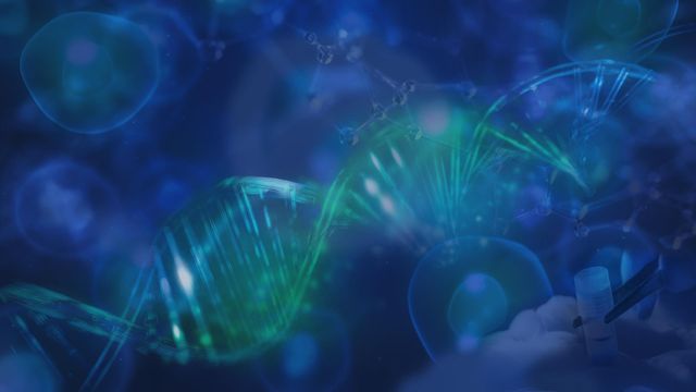 Digital illustration of a DNA strand with molecular structures and frozen sample vial in a biotechnology concept 