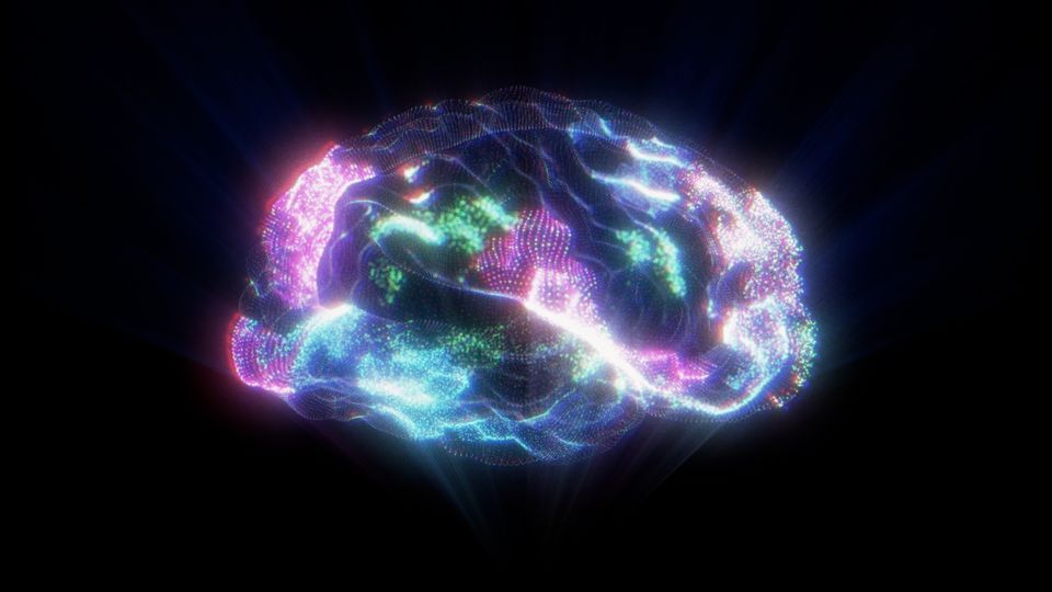 Colorful digital rendering of a brain illuminated with neural activity, symbolizing psychedelics.