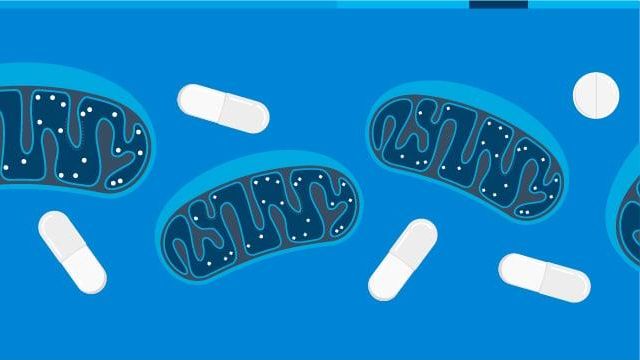 Illustration of mitochondria and capsules on a blue background, representing the effects of drugs on mitochondrial function in biomedical research