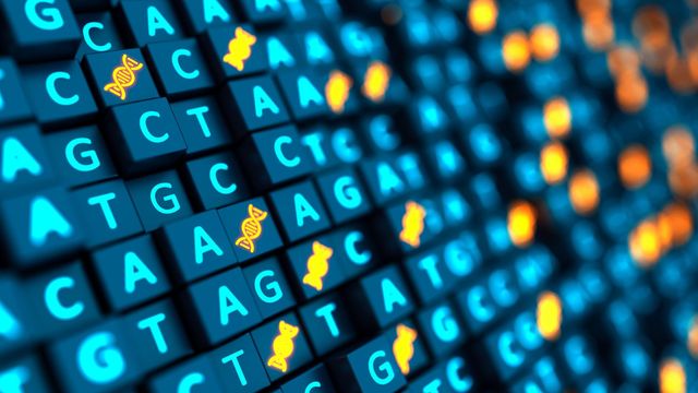 Digital visualization of DNA base pairs representing genetic sequencing data.
