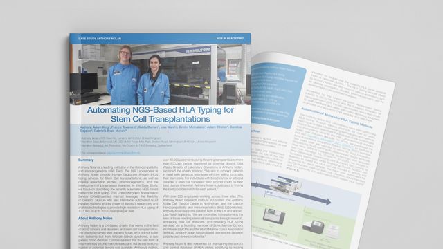 Case study document showing lab technicians and equipment used for automating NGS-based HLA typing for stem cell transplantations