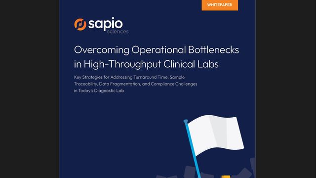 Whitepaper cover by Sapio Sciences on overcoming bottlenecks in high-throughput clinical labs, with a white flag illustration