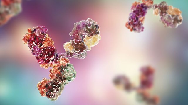 3D rendering of antibodies with colorful protein structures against a soft gradient background.