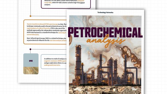 Infographic snippet with illustration of a factory against an oil-slick background under the words “Petrochemical Analysis”.