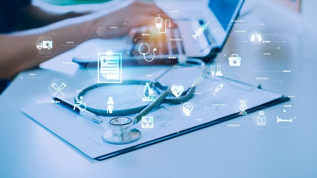 Stethoscope on clipboard with digital health icons symbolizing AI in healthcare technology.