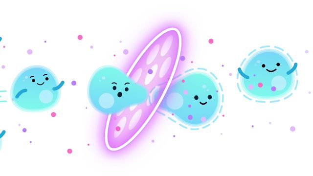 Cute illustration of cell division with smiling cartoon cells, representing cell engineering.