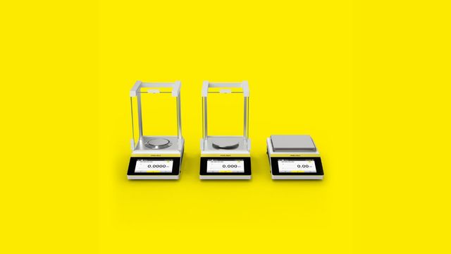 Three Quintix® Pro laboratory balances on a yellow background 