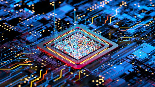 Futuristic microchip with data visualization representing next-generation proteomics analysis.