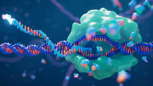 3D rendering of a CRISPR-Cas9 enzyme editing a DNA strand, illustrating genetic engineering and molecular biology